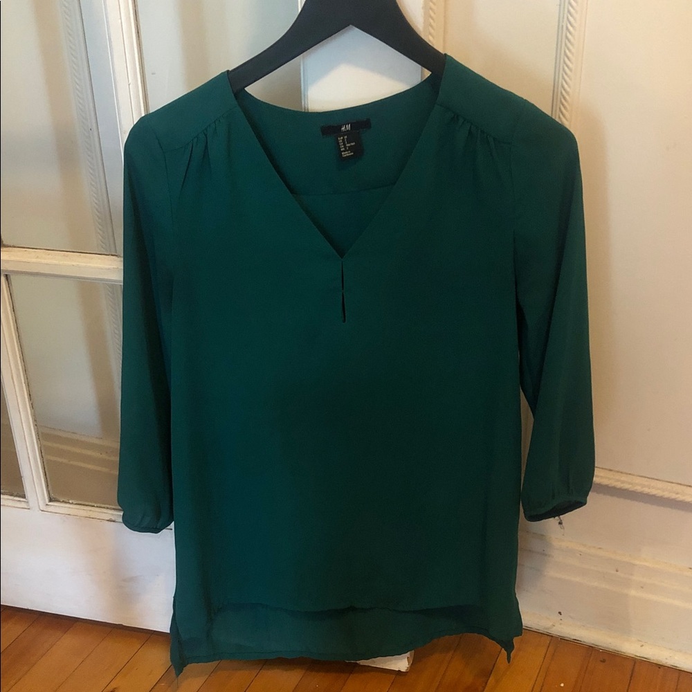 H&M Teal Green V-Neck Long Sleeve Blouse